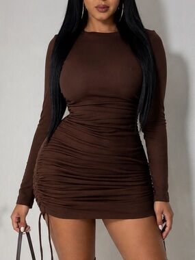 . Diva Boutique Brown Fall Into Mini Ribbed Long Sleeve Dress